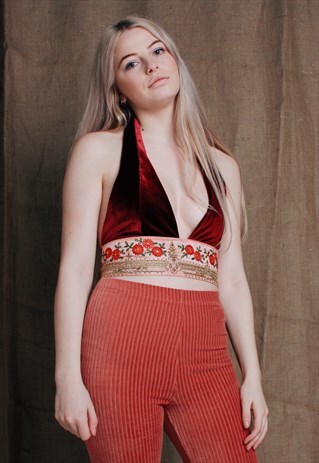 BURGUNDY VELVET HALTERNECK WITH INDIAN EMBELLISHMENT