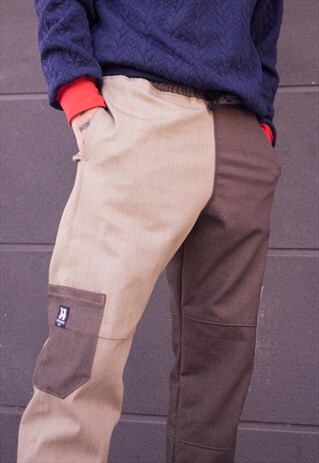 HANDMADE TROUSERS IN TWO TONES BROWN WITH DENIM FABRIC