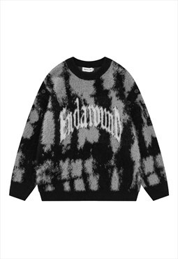 Tiedye fluffy sweater abstract knitted jumper soft top black
