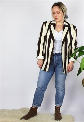 VINTAGE CREAM BROWN STRIPE BOYFRIEND BOATER BLAZER 14 16