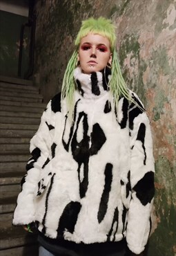Cow fleece Gothic jacket fake fur Aztec print bomber white