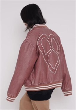 Heart patch varsity jacket PU leather MA slogan bomber red