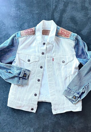 REWORKED LEVI'S WHITE AND LIGHT DENIM JACKET WITH PATCHES