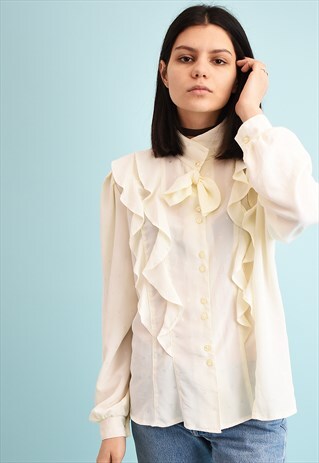 80'S RETRO RUFFLE NEUTRAL CREAMY MOMS BLOUSE TOP