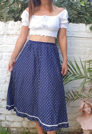 VINTAGE 80S BLUE FLORAL MIDI SKIRT