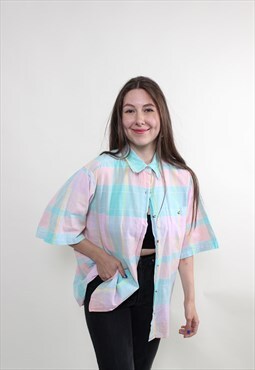 80s multicolor button up shirt, vintage women oversized top