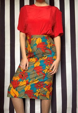 Vintage pencil skirt, multicoloured floral tropical, UK10/12