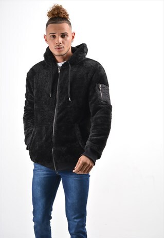 BLACK TEDDY FAUX FUR JACKET WITH HOOD