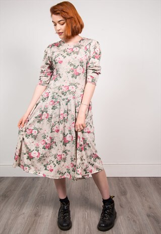 VINTAGE 80'S GREY & PINK FLORAL PATTERN MIDI DRESS