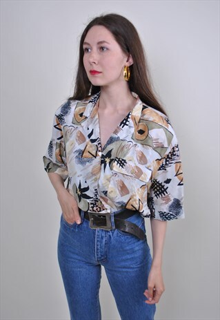 ABSTRACT PRINT VINTAGE BLOUSE, 80S HOLIDAYS SUMMER SHIRT
