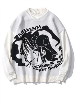 Anime print knitwear jumper i-girl top in white