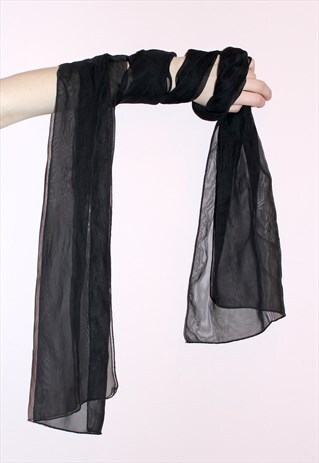 VINTAGE 80S BLACK SHEER SCARF/ HEAD & NECK TIE CHIFFON