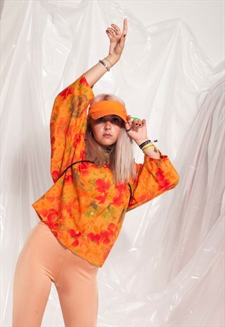 VINTAGE FLORAL BLOUSE 80S PUFF SLEEVE COTTON TOP IN ORANGE
