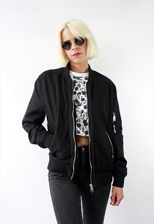 VINTAGE 90'S CLASSIC UNISEX BLACK BOMBER JACKET WITH ZIP