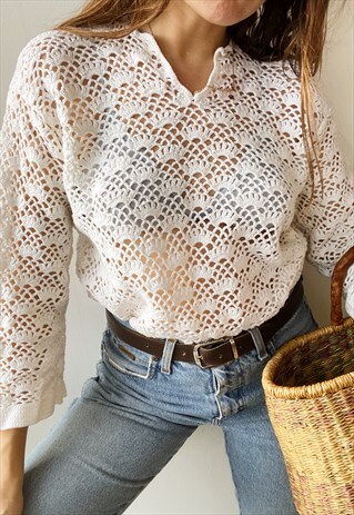 VINTAGE 80S COUNTRYSIDE CROCHET KNIT BLOUSE TOP OVERSWIM