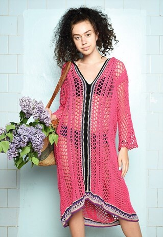 VINTAGE 90S FISHNET CROCHET PINK HOODED BEACH DRESS OVERSWIM