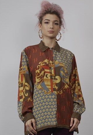 VINTAGE 90'S BROWN SCARF PRINT DETAIL SHIRT
