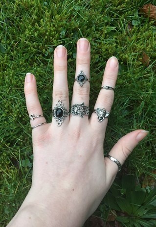 WOMENS BOHO AZTEC GEO GEM BLACK SILVER COLOUR SET OF RINGS