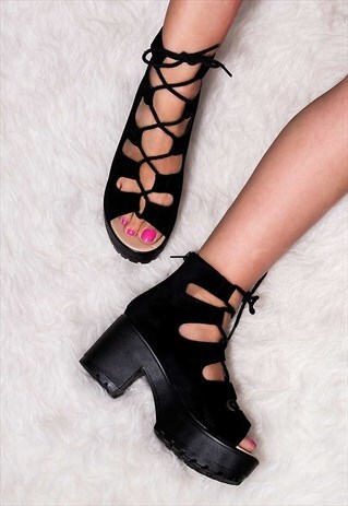 LASER LACE UP BLOCK HEEL SANDALS SHOES - BLACK SUEDE STYLE