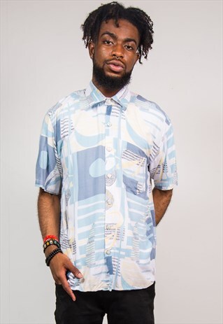 90'S VINTAGE BLUE PATTERNED WAVEY SHORT SLEEVE SHIRT