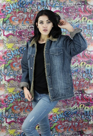 VINTAGE 80S DARK BLUE SHERPA FLEECE LINED DENIM JACKET.