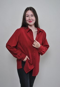 Vintage 90s oversized blouse, red button up blouse casual 