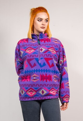 VTG 90'S BRIGHT PURPLE CRAZY ABSTRACT PATTERN FLEECE JACKET