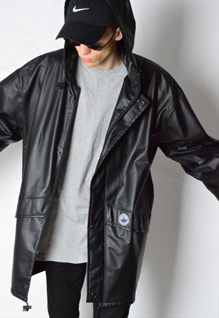 VINTAGE 90S BLACK MINIMALIST RAIN COAT WITH HOOD
