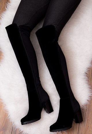 WELL HEELED BLOCK HEEL KNEE TALL BOOTS - BLACK SUEDE STYLE
