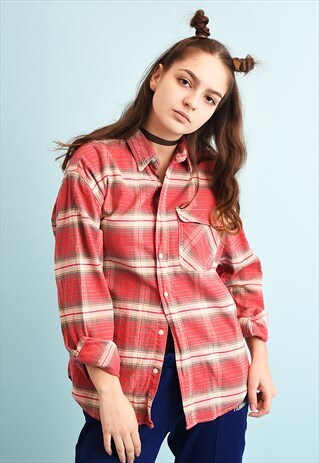 90'S RETRO TARTAN CHECKED OVERSIZED WORKWEAR SHIRT TOP