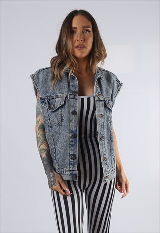 VINTAGE DENIM WAISTCOAT JACKET OVERSIZED FITTED 12 14 (JDAA)