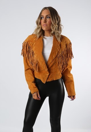 SUEDE LEATHER FRINGE TASSEL FITTED JACKET VINTAGE UK 10 (BDQ