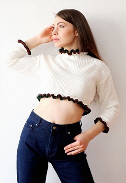 90s Vintage Frill Hem Cropped Jumper White Knitted Crop Top 