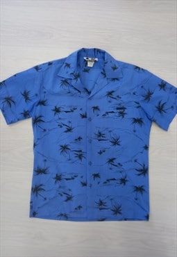 Hilo Hattie Shirt Blue Black Palm Tree Hawaiian Print 