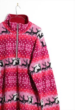 90s grunge y2k pink reindeer 1/4 zip fleece winter jumper