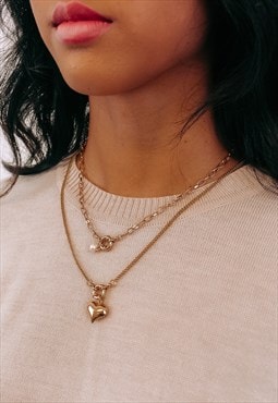 Layered Necklace Set With Gold Pearl Lock Chain And Heart