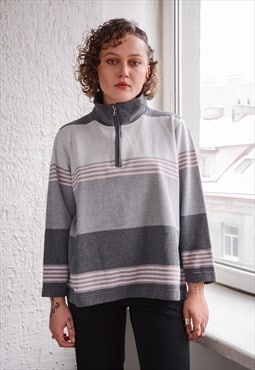 Vintage Y2K Grey Striped Cotton High Neck Jumper