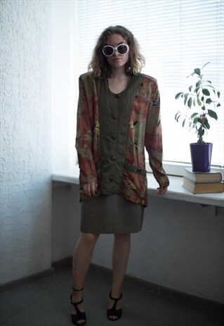 VINTAGE 70'S BROWN/GREEN PATTERNED BUTTON UP BLOUSE