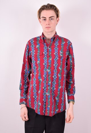 WRANGLER MENS VINTAGE CRAZY PRINT SHIRT MEDIUM MAROON 90S