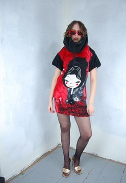 Vintage y2k mini festival capri abstract dress in black red