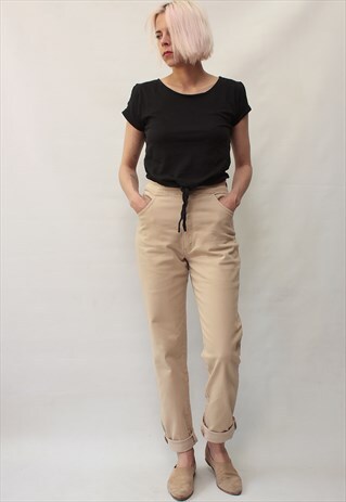VINTAGE 80' UNIQUE FLOWER BEIGE HIGH WAIST TROUSERS