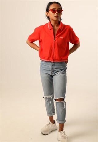 VINTAGE ADIDAS EMBROIDERED LOGO CROPPED ZIP FRONT POLO TOP