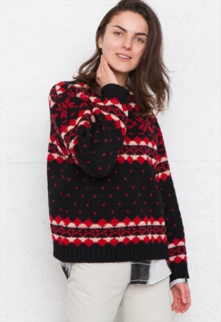 VINTAGE BLACK PALMETT ROUND NECK WOOL KNIT JUMPER SWEATER