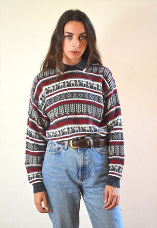 80S VINTAGE RED AND GREY COLLARED KNIT JUMPER