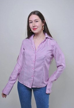 Vintage striped pink blouse, 90s casual shirt for work 