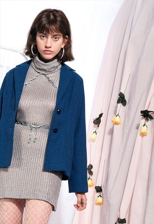 VINTAGE HOUNDSTOOTH BLAZER 70S CHECKED JACKET IN BLUE