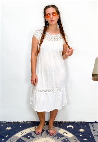 VINTAGE 70'S WHITE CROCHET CHEESECLOTH MIDI DRESS