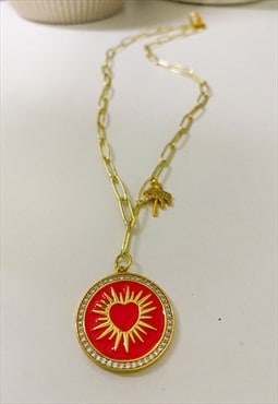 Gold Plated Coral Heart Medallion & Palm Tree Necklace