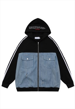 Hooded denim jacket patchwork jean bomber in blue black