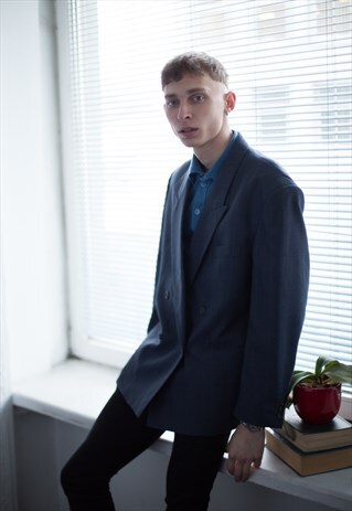 VINTAGE 80'S BLUE STRIPED DOUBLE BREASTED WOOL BLAZER
